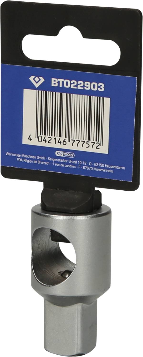 Blaue Verpackung mit Barcode und Artikelnummer BT022903, präsentiert einen silbernen Werkzeugadapter mit zylindrischer Aufnahmeöffnung.