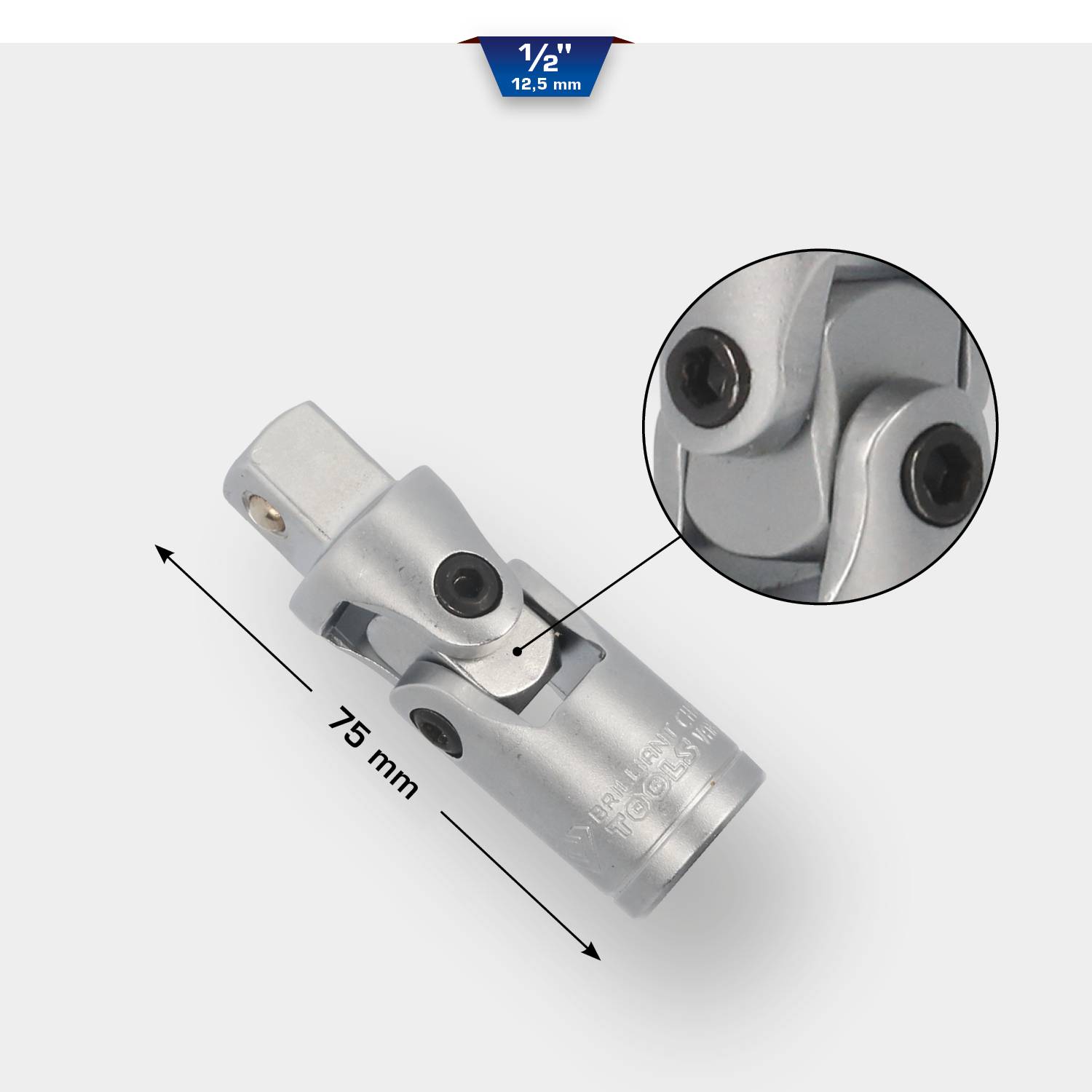 Universal-Gelenk aus Metall, Länge 75 mm. Detaillierte Ansicht der Verschraubung; Verbindungsteil mit 1/2-Zoll-Anschluss.