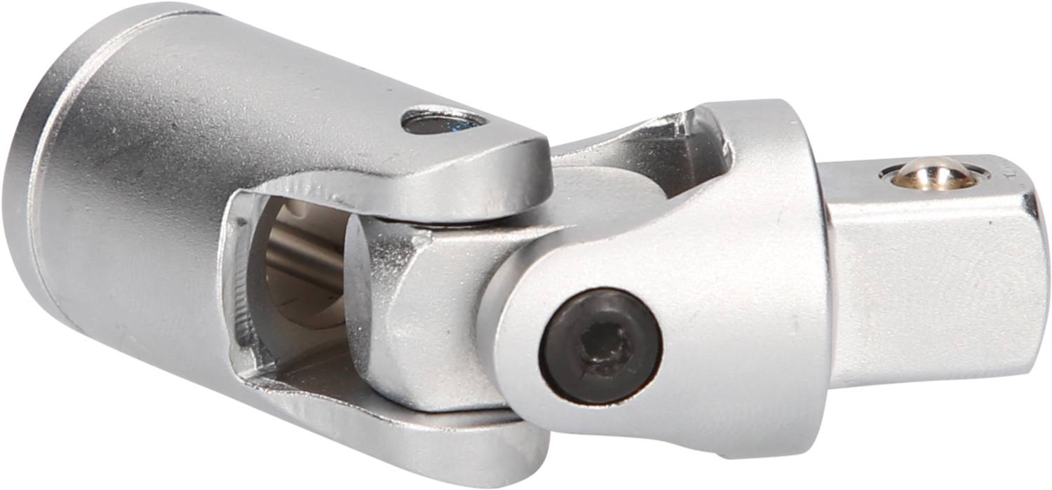 Metallischer Gelenkadapter mit zylindrischen Enden, ermöglicht flexible Abwinklung und Drehbewegung in Werkzeugverbindungen.