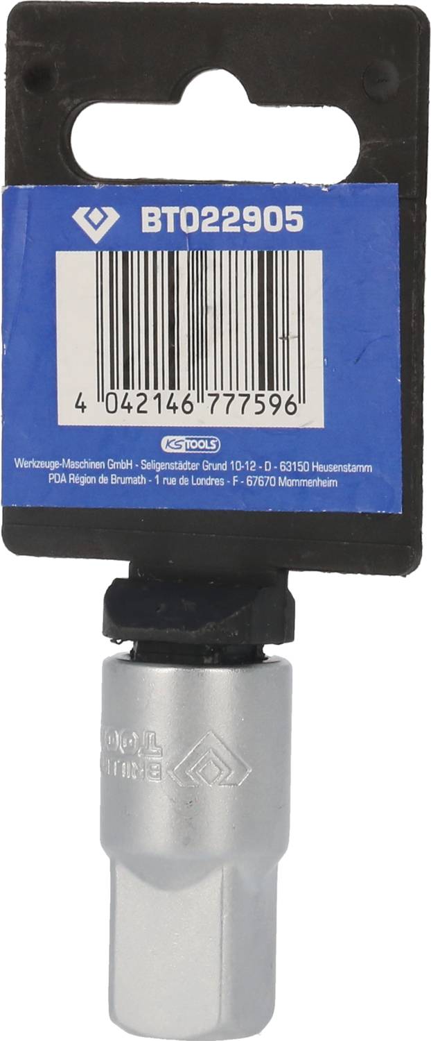 Ein Werkzeugteil mit der Aufschrift 'BT022905', Barcode und Herstellerinformationen auf der Verpackung. Hauptsächlich silbern und schwarz.