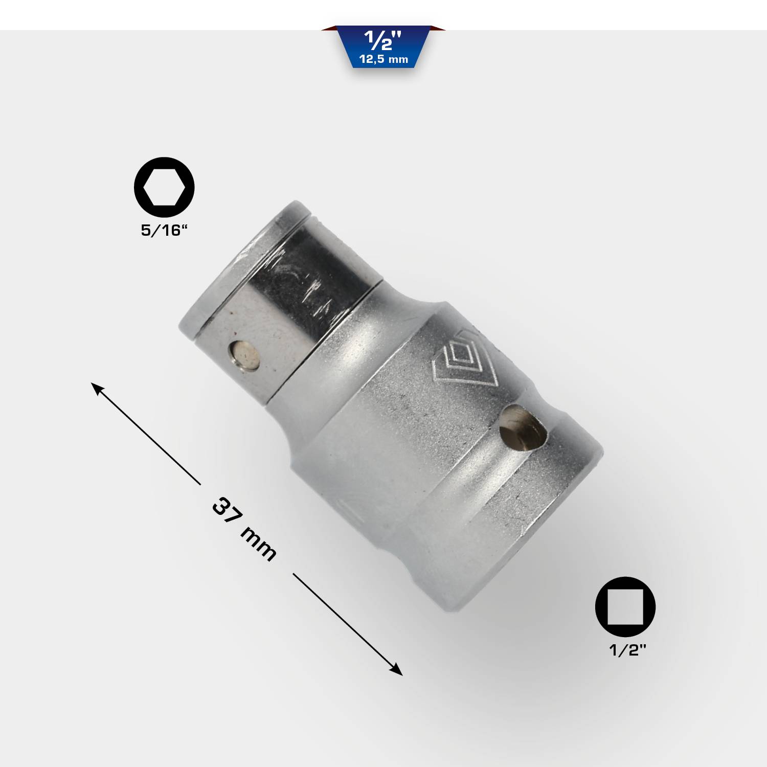 Abbildung eines 37 mm Stecknussadapters. Markierungen zeigen 1/2-Zoll und 5/16-Zoll Steckplätze.