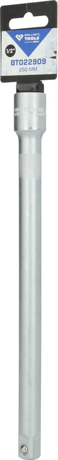 Verlängerungsstange aus Metall in silberner Farbe, geeignet für 1/2-Zoll-Werkzeuge, mit Produktetikett an der Oberseite.