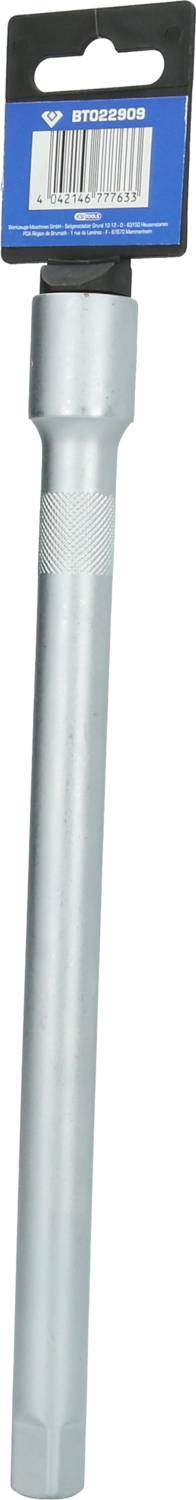 Langes silbernes Handwerkzeug mit sechseckigem Kopf und einem Etikett oben. Es scheint zum Verlängern oder Anpassen anderer Werkzeuge gedacht zu sein.