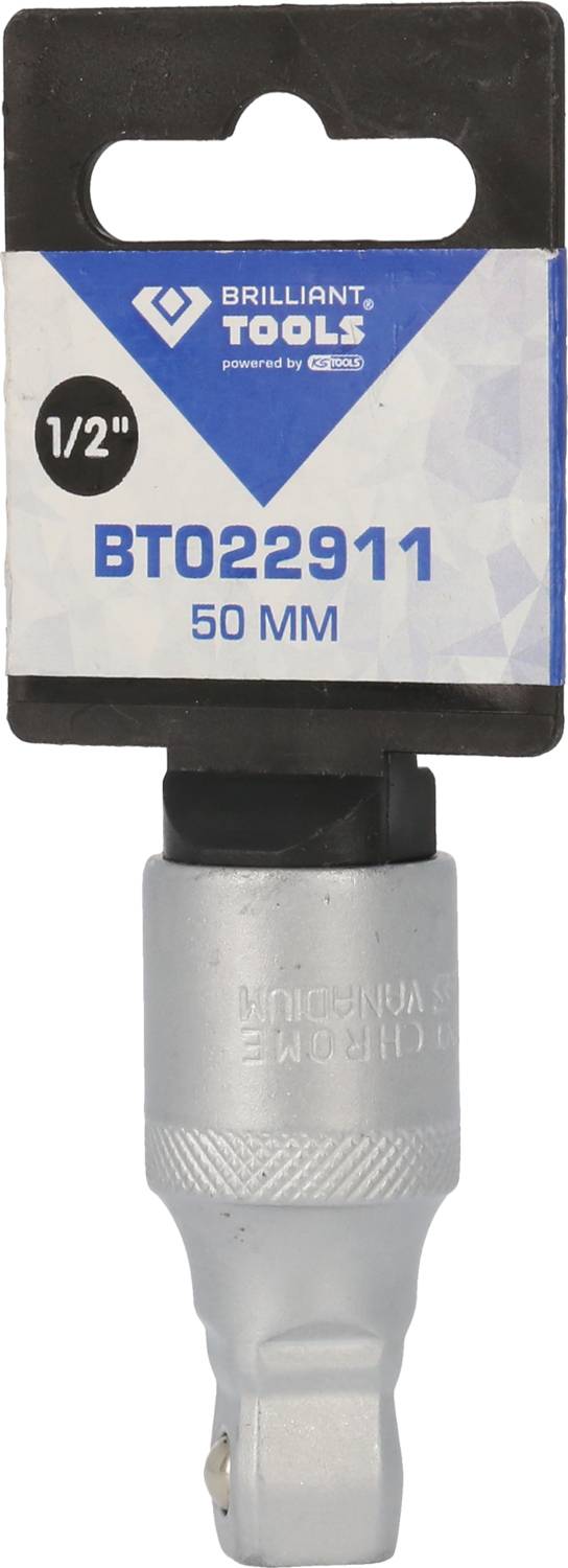 'Brilliant Tools' Adapter, Artikelnummer BT022911, 50 mm Länge, 1/2 Zoll Größe, in grauem Metall, in Verpackung mit blau-weißem Design.