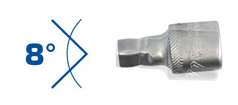 'Kastenprofil mit 8 Grad Antriebswinkel', zeigt eine metallische Stecknuss mit einem Profilwinkel von 8 Grad, für präzises Schrauben.