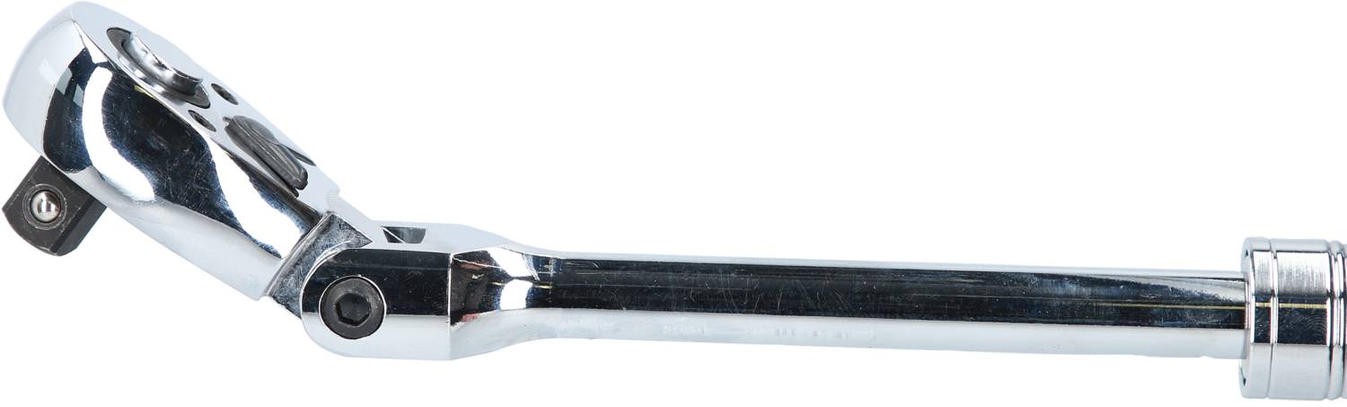 Ein verchromter Ratschenknüppel mit einem schwenkbaren Kopf, verwendet zum Anziehen oder Lösen von Schrauben und Muttern.