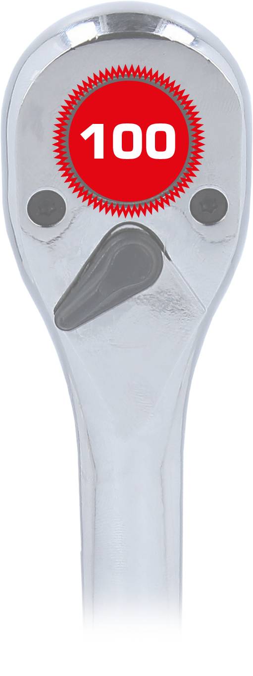 Silberner Steckschlüssel mit einem roten '100'-Symbol oben, das möglicherweise eine Bewertung oder Qualität anzeigt.