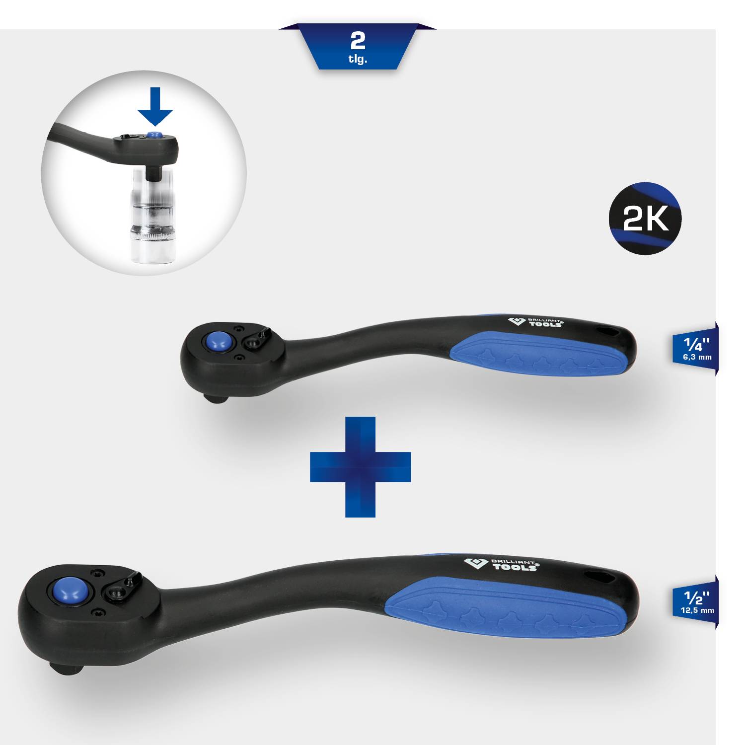 Zwei umschaltbare Ratschen mit blau-schwarzem Griff und 1/4 Zoll Antrieb. Oben links Funktionsdetail: Hebel für Richtungswechsel.