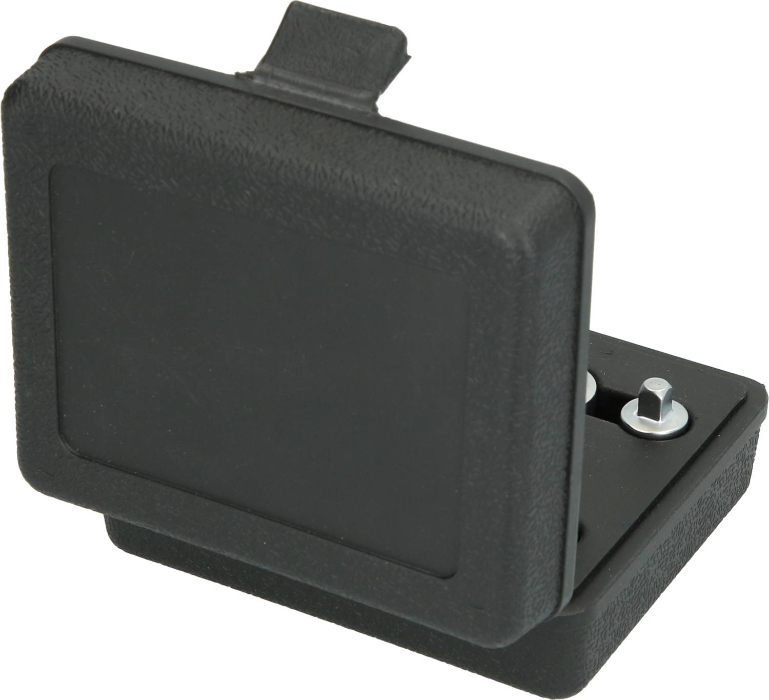 Schwarze, rechteckige Batteriefachabdeckung mit offenem Scharnier, zeigend Platz für zwei Batterien in einem Elektronikgerät.