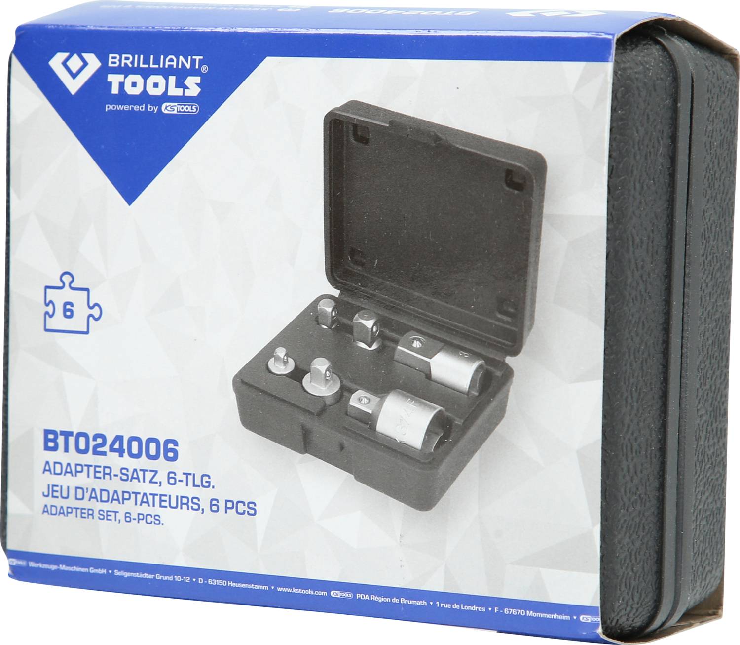 Brilliant Tools Adapter-Set BT024006, 6-teilig. Geöffnete Box zeigt verschiedene Adaptergrößen. Verpackung in Blau und Weiß gestaltet.