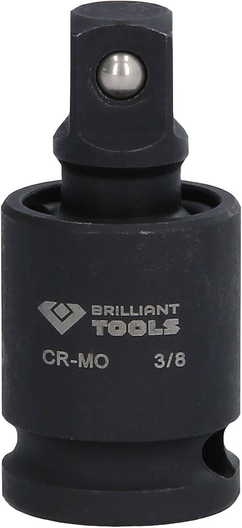 Ein schwarzes Drehgelenk mit der Aufschrift 'BRILLIANT TOOLS CR-MO 3/8', das für den Einsatz mit Stecknüssen geeignet ist.