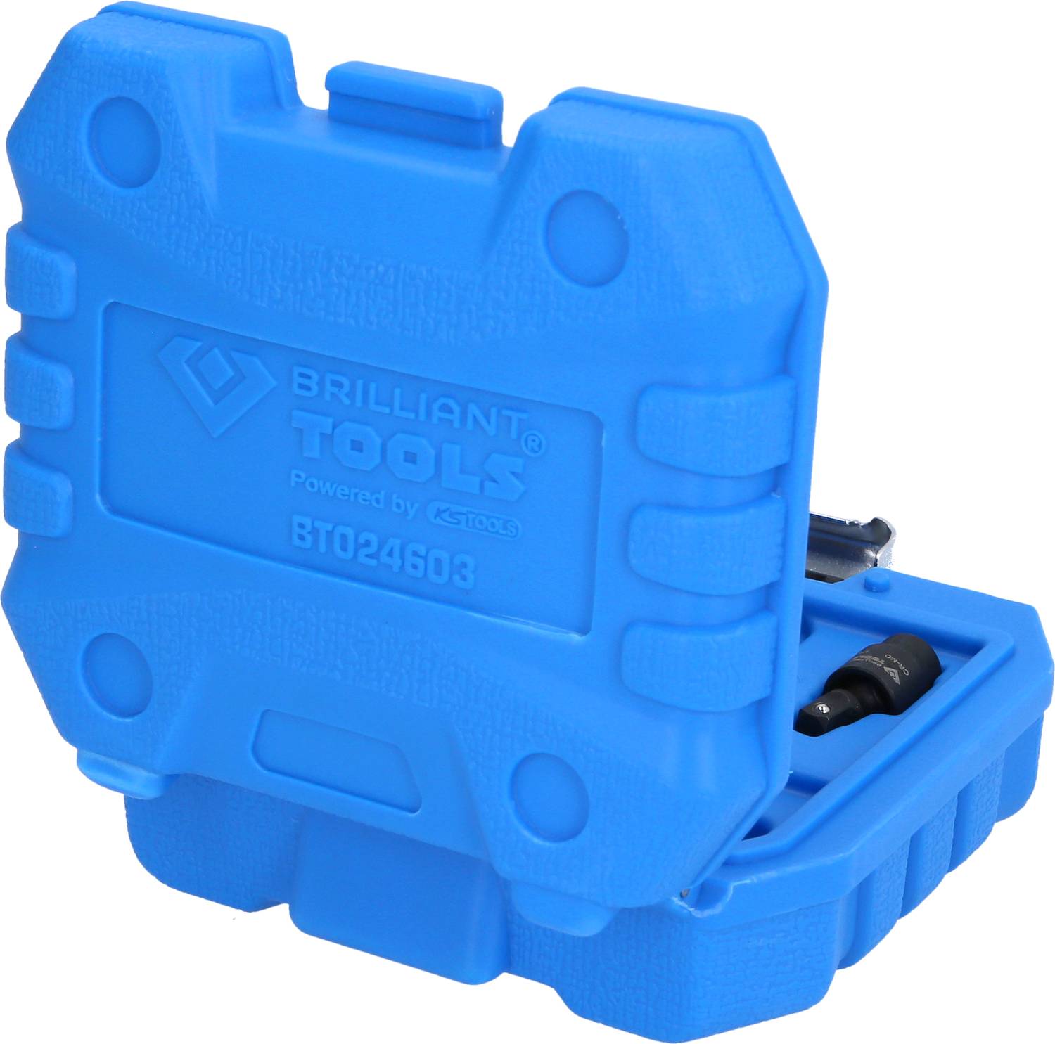 Blaue Werkzeugbox 'Brilliant Tools', teilweise geöffnet, zeigt diverse kleine Werkzeuge innen.