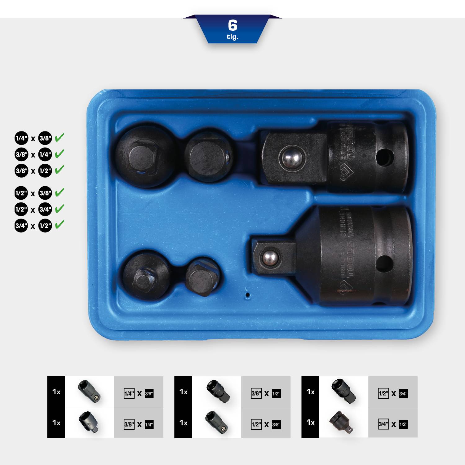 Sechsteiliges Adapter-Set in blauer Box, bestehend aus zwei großen Adaptern, drei kleinen Adaptern und einem Verlängerungsstück.