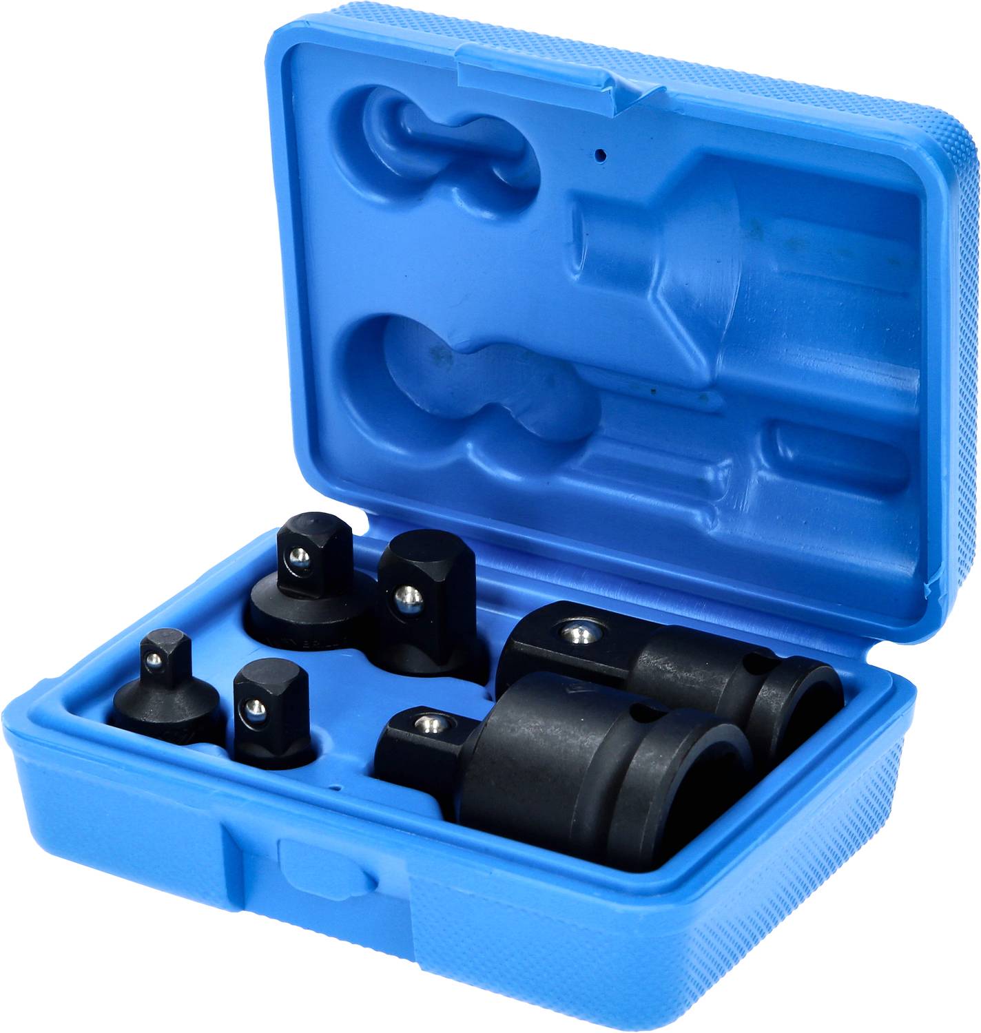 Blaue Plastikhülle mit fünf schwarzen Adaptern verschiedener Größen für Werkzeuge.