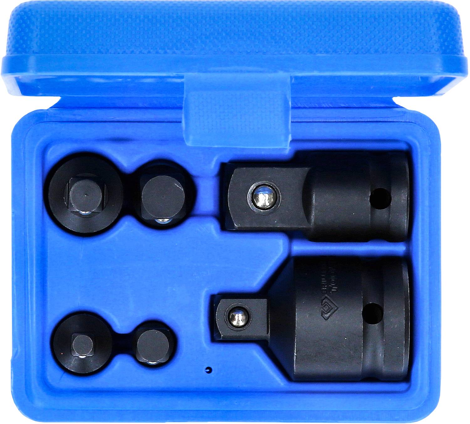 Ein blaues Etui mit zwei schwarzen Steckverbindern und Zubehör für mechanische Arbeiten.