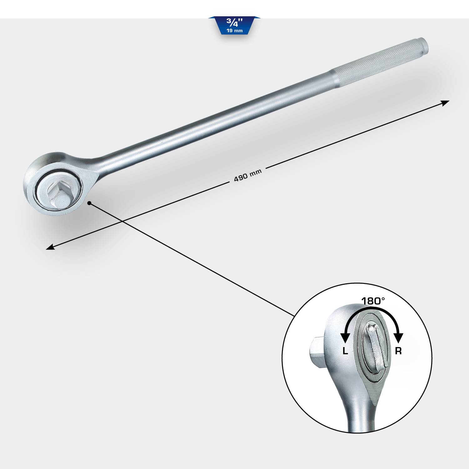 Ein langer Ratschenschlüssel, 490 mm, mit 3/4-Zoll-Antrieb. Detailansicht zeigt 180°-Hebel zum Umschalten zwischen 'L' (Links) und 'R' (Rechts).