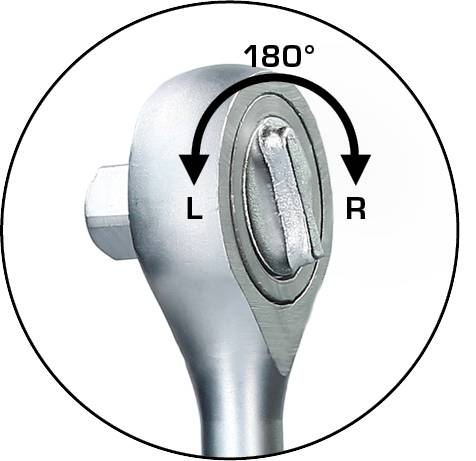 Nahaufnahme eines Schraubenschlüssels: Der Kopf dreht sich um 180 Grad, mit Markierungen 'L' für links und 'R' für rechts.