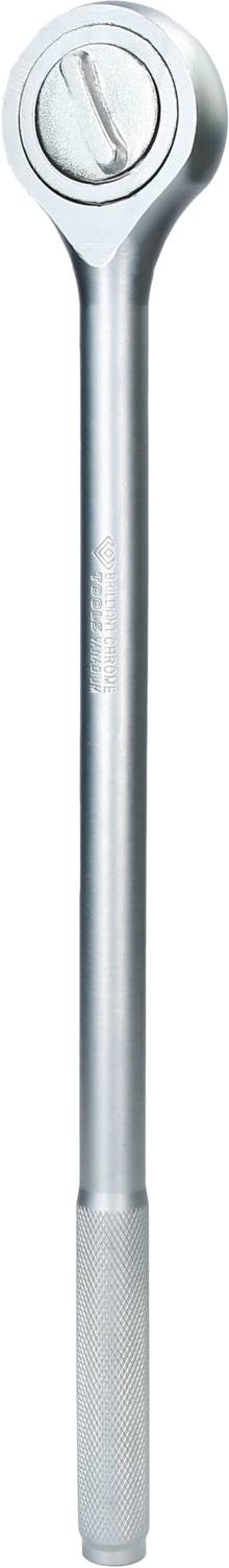 Ein silberner Steckschlüsselgriff mit rundem Kopf und gerändeltem Griff für besseren Halt. Werkzeug zur Verwendung mit Stecknüssen.