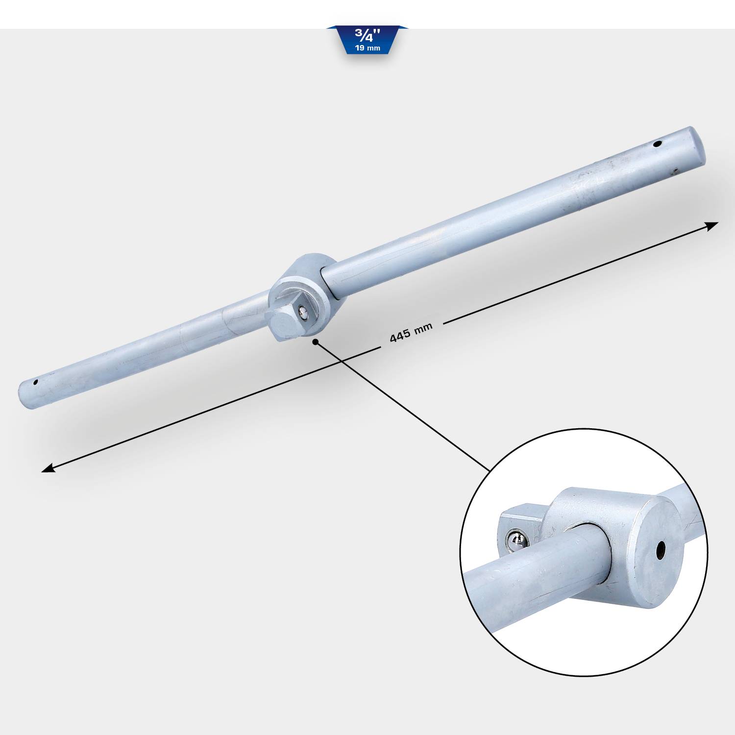 Metallrohr mit Maßen '445 mm', Detailansicht eines Verbindungsstücks.