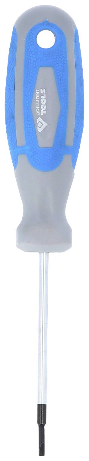 Ein blauer Kreuzschlitzschraubendreher mit grauem Griff und Loch zur Aufhängung. Geeignet für diverse Schraubarbeiten.