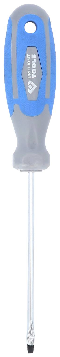Ein Kreuzschlitzschraubendreher mit blau-grauem Griff und silberner Klinge. Der Griff hat ein Loch zur Aufhängung.