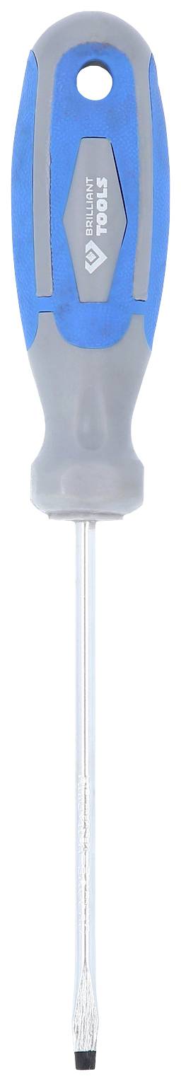 Schraubendreher mit blau-grauem Griff, flache Klinge.