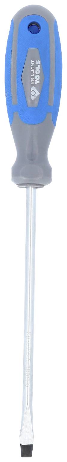 Blauer Schraubendreher mit grauem Griff und flacher, silberner Spitze.