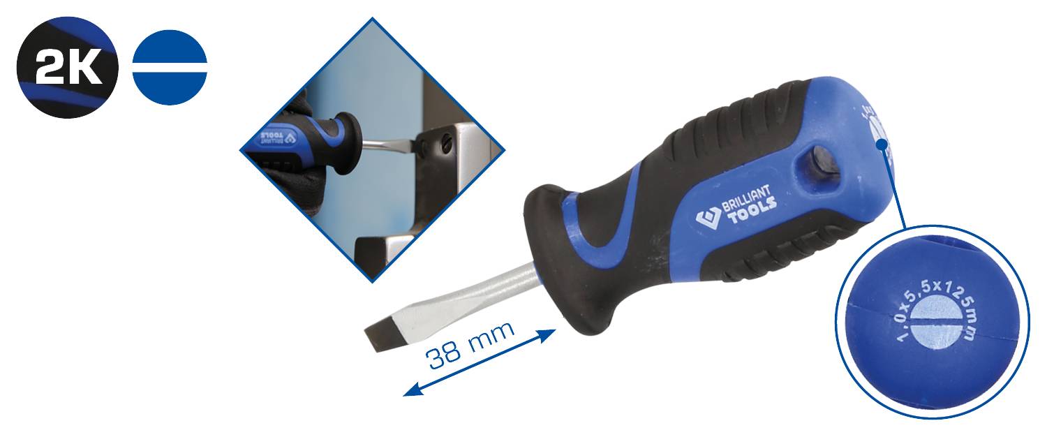 2K Schraubendreher mit ergonomischem Griff, Klingenlänge 38 mm, Schlitzkopf 5x1,0 mm, Marke Brilliant Tools.