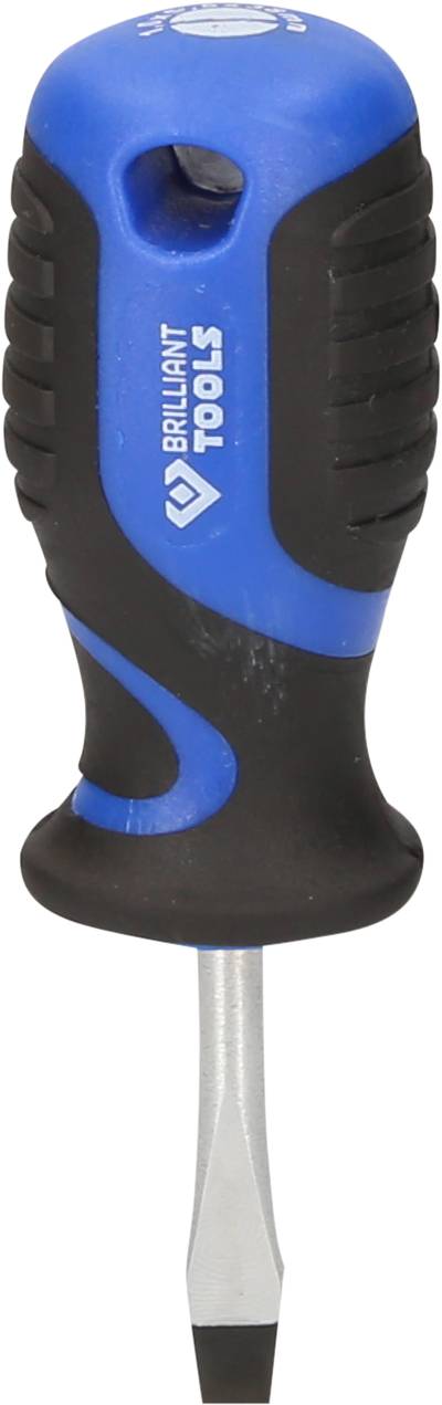 Schraubenzieher mit blauem und schwarzem Griff, Marke 'Brilliant Tools', mit flacher Spitze.
