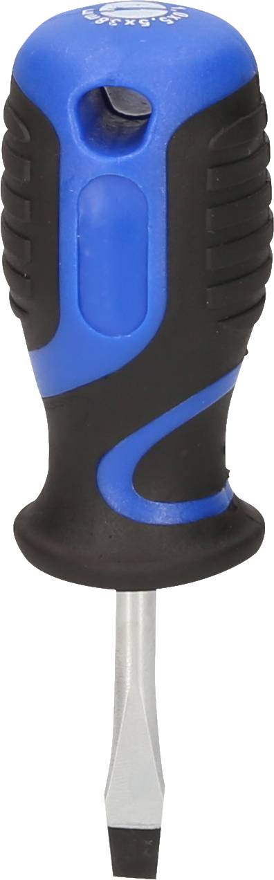 Ein blauer und schwarzer Schraubendreher mit flacher Klinge und ergonomischem Griff, ideal zum Anziehen oder Lösen von Schrauben.