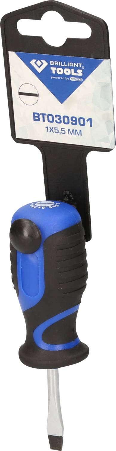 Ein blauer und schwarzer Schraubendreher mit rundem Griff und flacher Klinge. Oben eine Verpackung mit der Aufschrift 'BT 630901'.