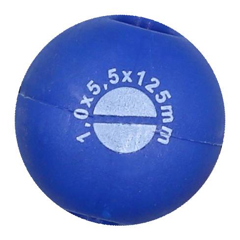 Blauer Ball mit weißem Aufdruck: '1,0 x 5,5 x 125 mm'.