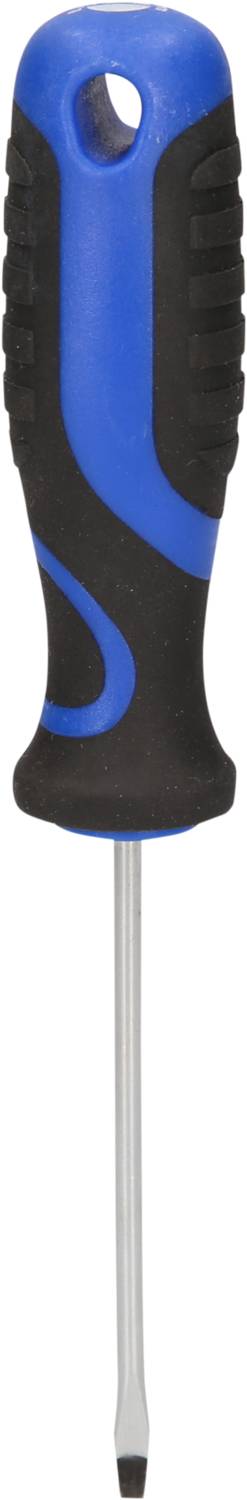 Ein blauer Kreuzschlitzschraubendreher mit schwarzem Griff und rutschfester Oberfläche.