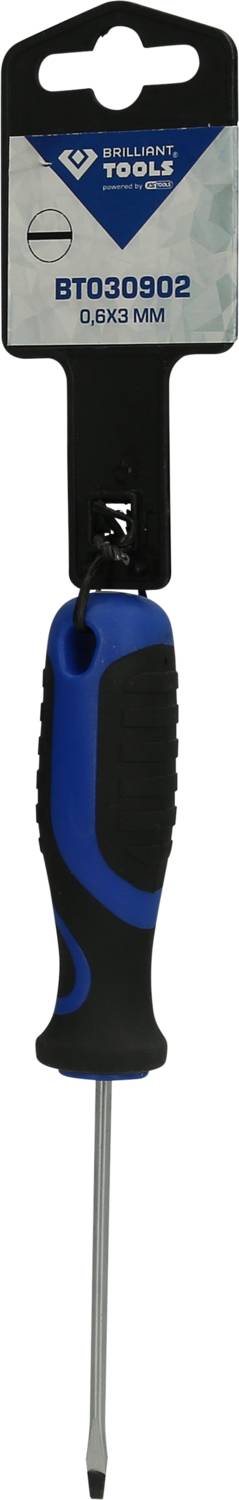 Schraubendreher mit blau-schwarzem Griff und Etikett oben. Modell: BT030902, Größe: 0.8x3 mm.