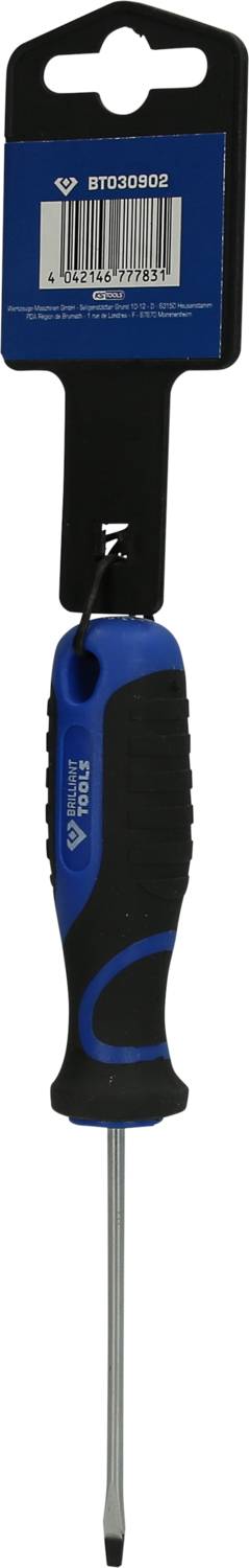 Schraubendreher mit blau-schwarzem Griff und etikettiertem Verpackungsteil, der an einem Haken hängt. Geeignet für Schlitzschrauben.