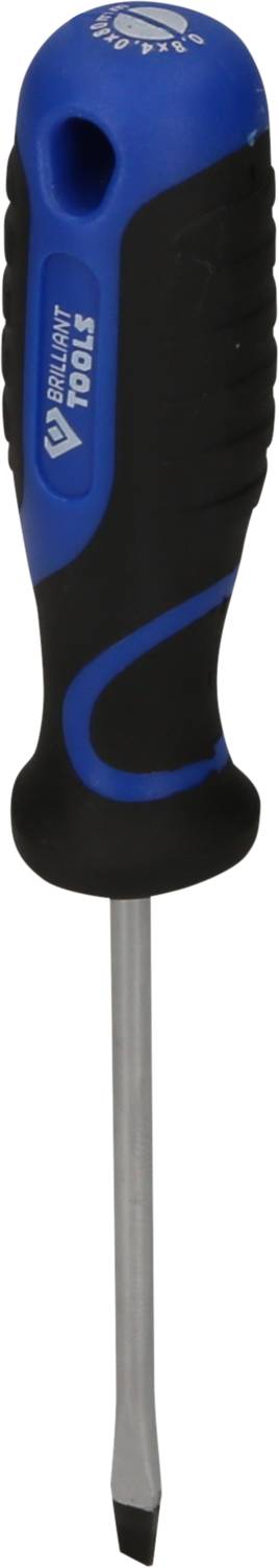 Ein blauer und schwarzer Schraubendreher mit flachem Kopf und ergonomischem Griff, geeignet für allgemeine Befestigungsarbeiten.