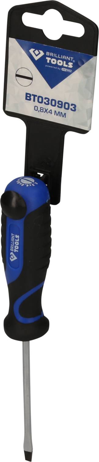 Ein blauer und schwarzer Schlitzschraubendreher der Marke Brilliant Tools, Größe 0,8x4 mm, am Produktanhänger befestigt.