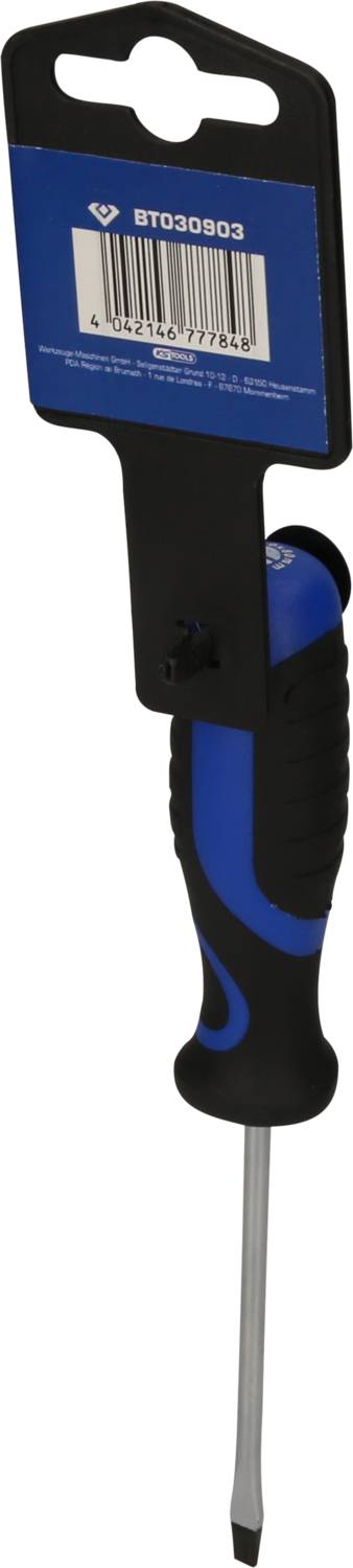 Ein Schraubendreher mit blau-schwarzem Griff, verpackt auf einer Pappkarte mit Barcode.