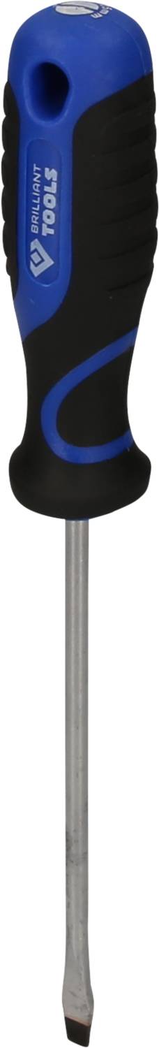 Ein blau-schwarzer Schraubendreher mit flachem Kopf und gummiertem Griff für besseren Halt; geeignet für verschiedene Montagearbeiten.