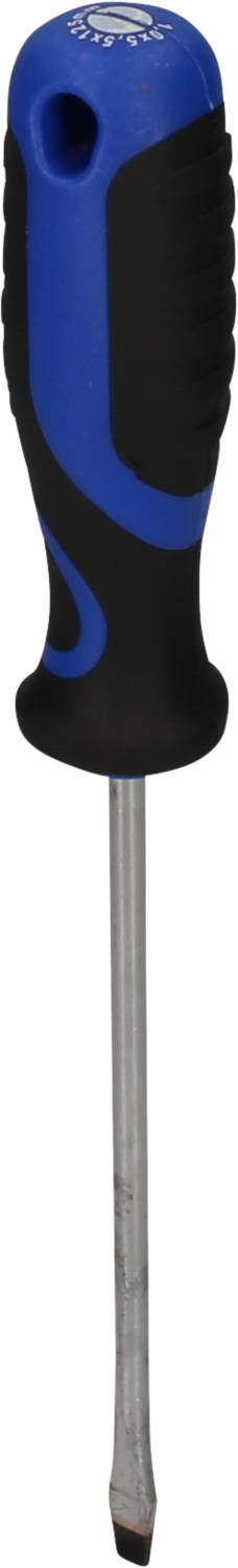 Ein blauer und schwarzer Schraubendreher mit flachem Kopf und ergonomischem Griff für einfachen Halt und Verwendung.