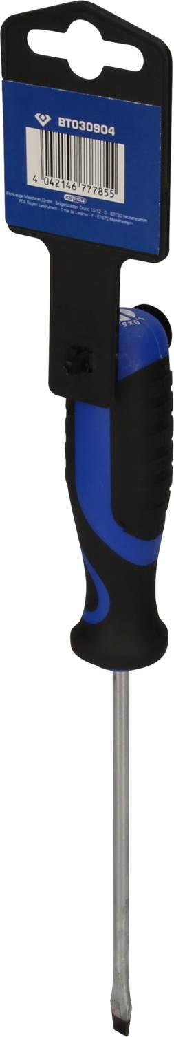 Blauer Schraubendreher mit schwarzem Griff in einer Blisterverpackung.