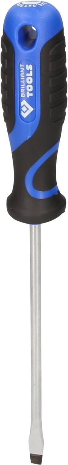 Ein Flachkopfschraubendreher mit blau-schwarzem Griff und Metallstab, geeignet für allgemeine Schraubarbeiten.