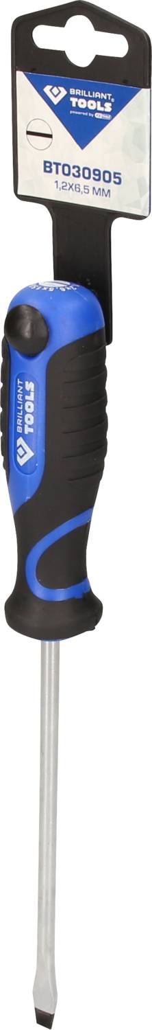 Ein Schraubendreher mit blau-schwarzem Griff und flacher Klinge. Verpackung weist auf Größe M und Produktnummer BT020905 hin.