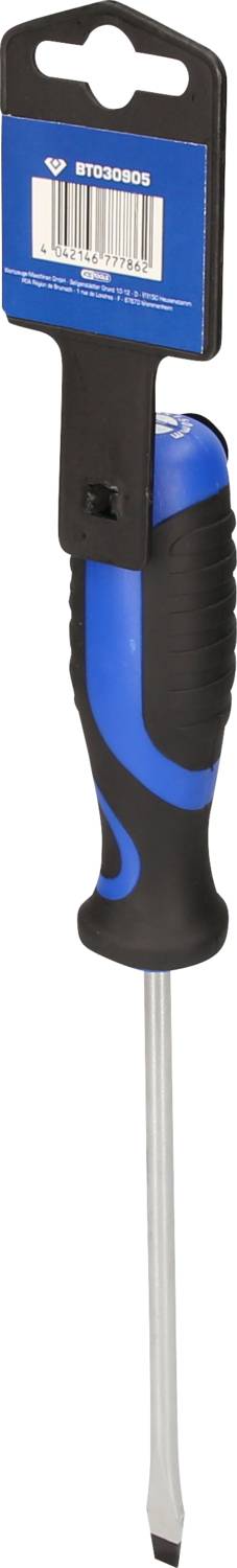 Ein blauer und schwarzer Schraubendreher mit geradem Schlitz, an einer Verpackung mit Strichcode befestigt.