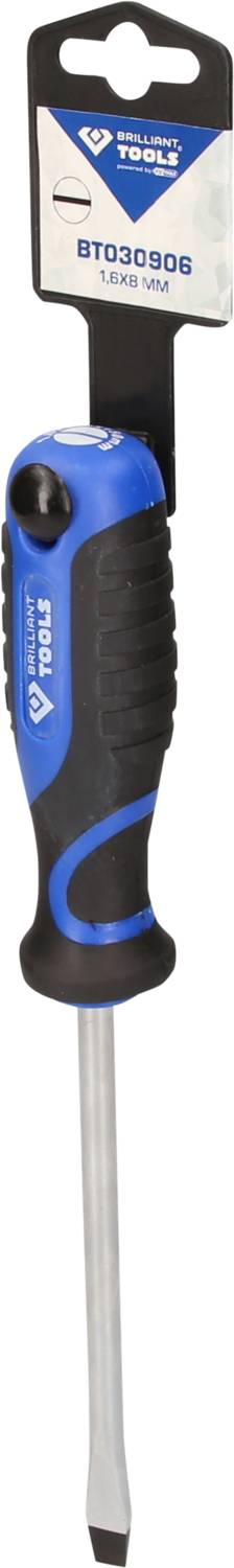 Schraubendreher mit blau-schwarzem Griff, Flachkopf. Verpackung mit Artikelnummer BT030306 und 'Tools'-Logo.
