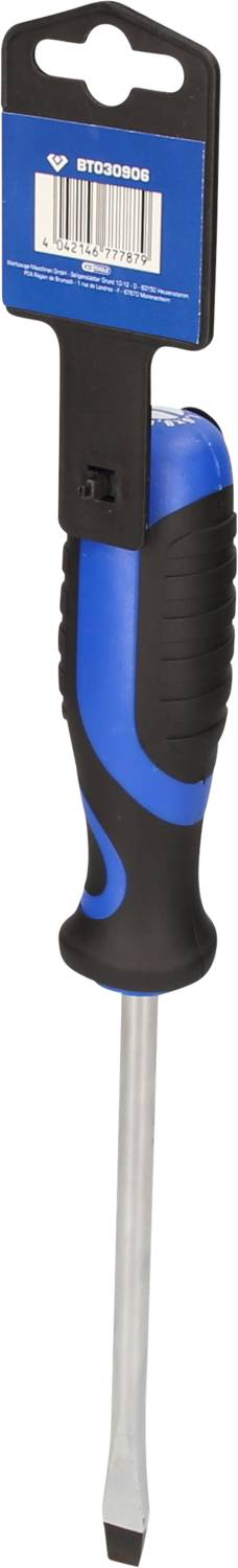 Ein blauer und schwarzer Schraubendreher mit einem flachen Kopf, befestigt an einer Verpackung mit Barcode und Aufhänger.