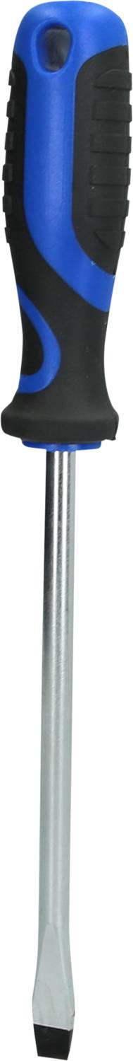 Schraubenzieher mit blau-schwarzem Griff und flacher Klinge, aufrecht positioniert.