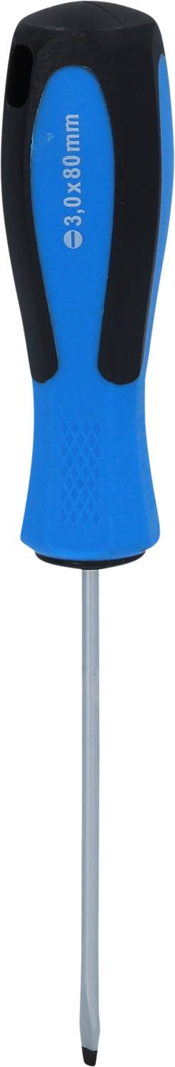 Ein blauer Schraubendreher mit schwarzem Griff und schmaler Metallklinge, geeignet für Kreuzschlitzschrauben.