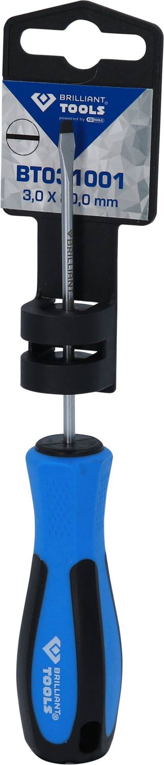 Ein blauer Schraubendreher mit schwarzem Griff und Verpackung, auf der 'Brilliant Tools BT031001 3,0 x 0,5 mm' steht.