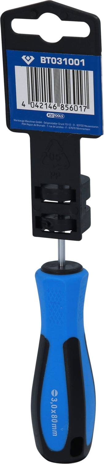 Schraubendreher mit blau-schwarzem Griff, in originaler Verpackung mit Barcode. Markenname und Produktnummer 'BT031001' auf Etikett.